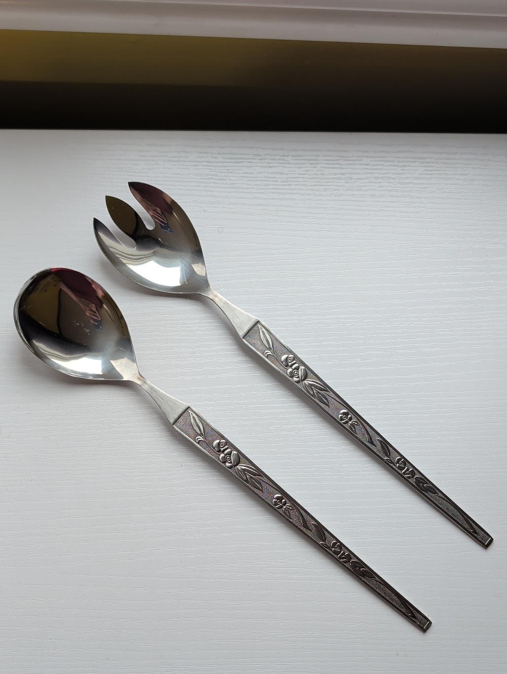 Vintage MCM Japan Stainless Steel Salad Serving Spoon & Fork Set - Floral